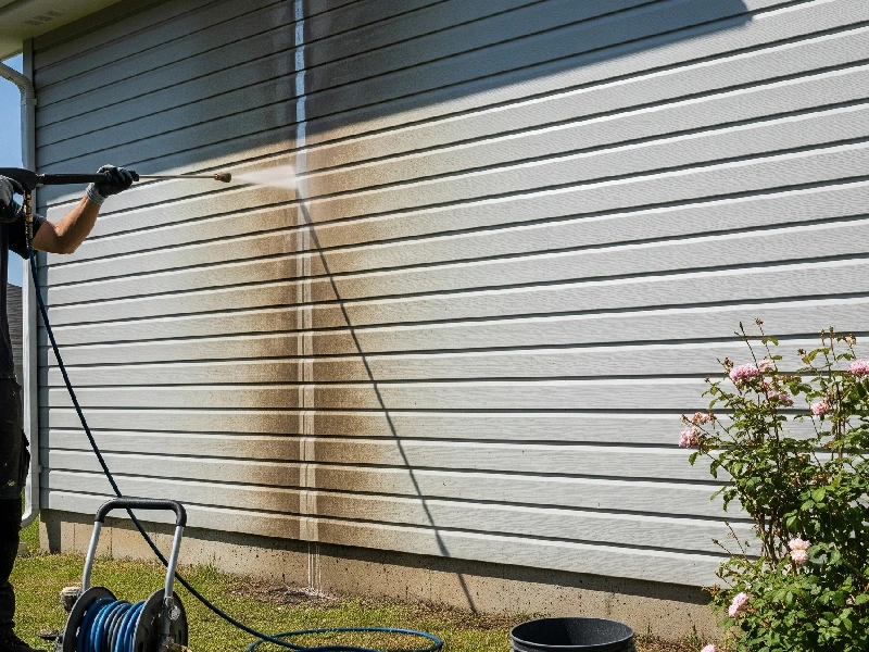 Exterior cleaning by pressure washing the siding of a house