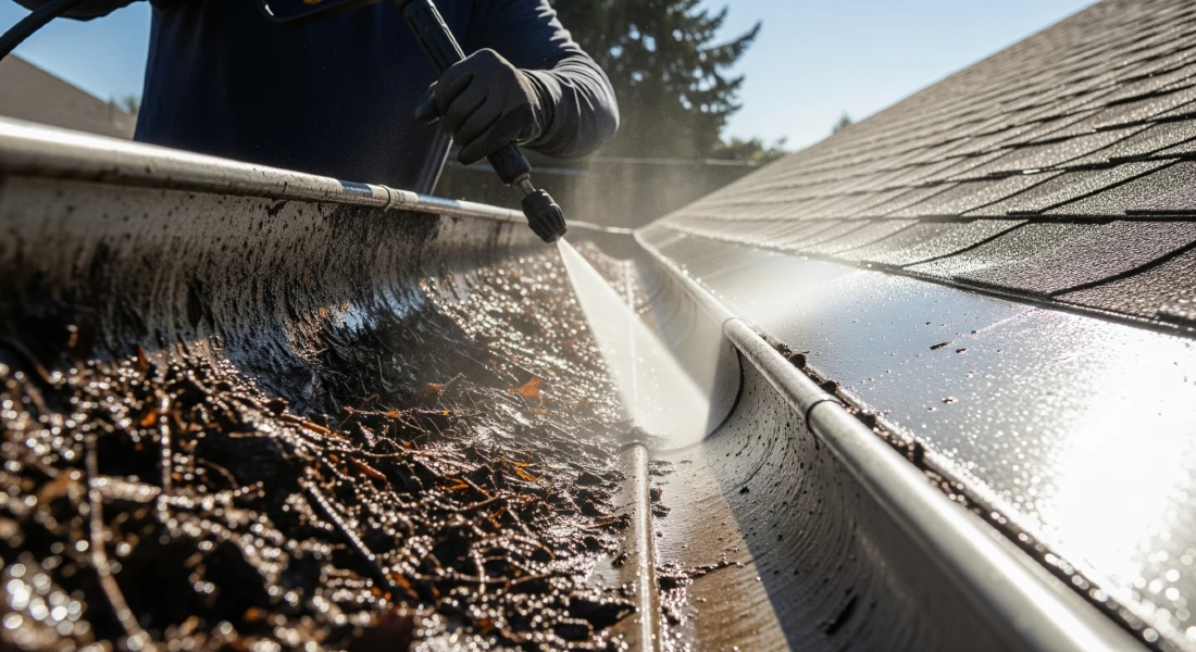 image of a gutter being cleaned by a pressure washer. you can see the pressure wash gun, a hand and a gutter full of mud
