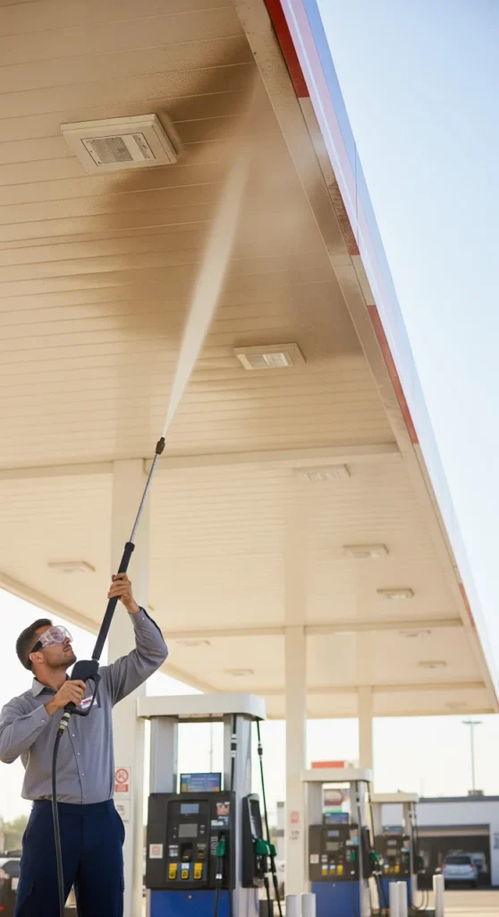 image of a person pressure washing the ceiling of a gas station