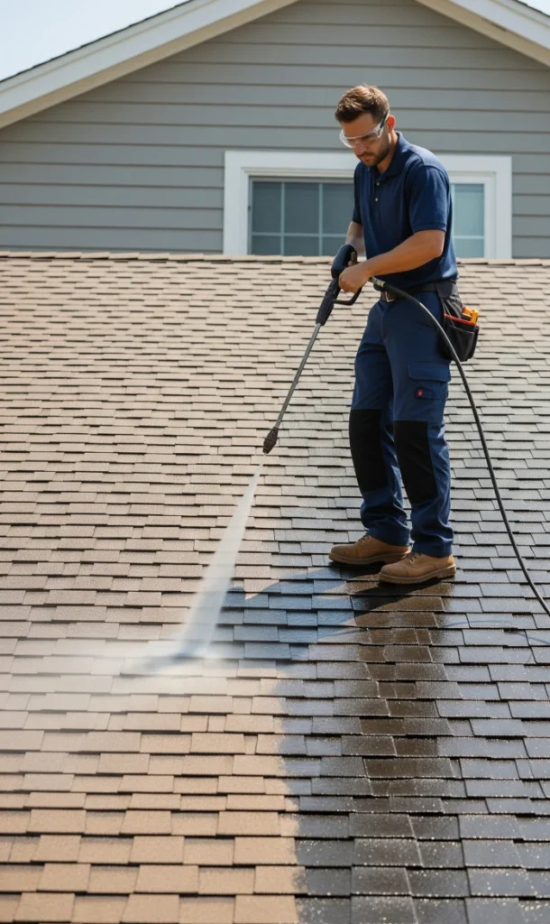 Pressure washing to clean a roof