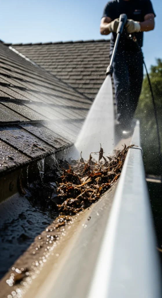 image of a gutter being pressure washed. You can see the washer holding a pressure wash gun and a gutter full of leaves and some shingles on the side from the roof.