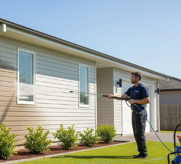 AN image of a house, it's siding being washed externally by a pressure washer